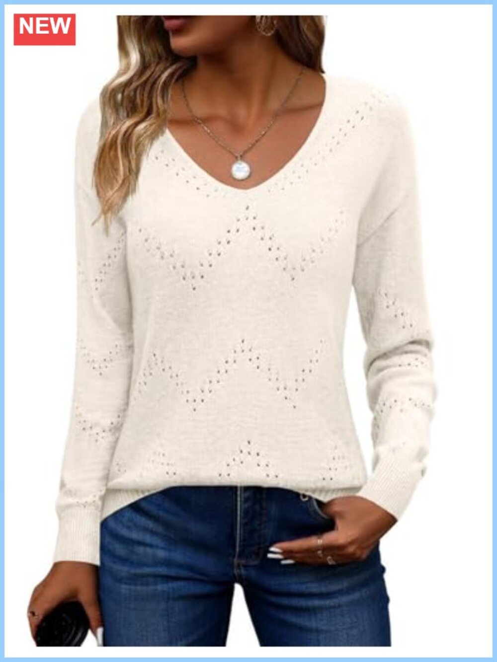 Zeagoo Womens Lightweight Crochet V Neck Off Shoulder Pullover Sweater